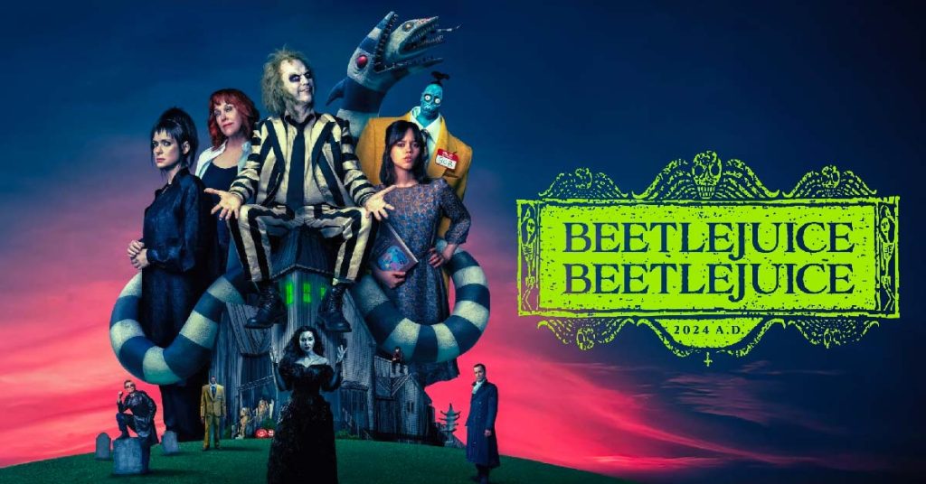 Beetlejuice film poster showing hair and make up of whole cast done by Christine Blundell and her team.